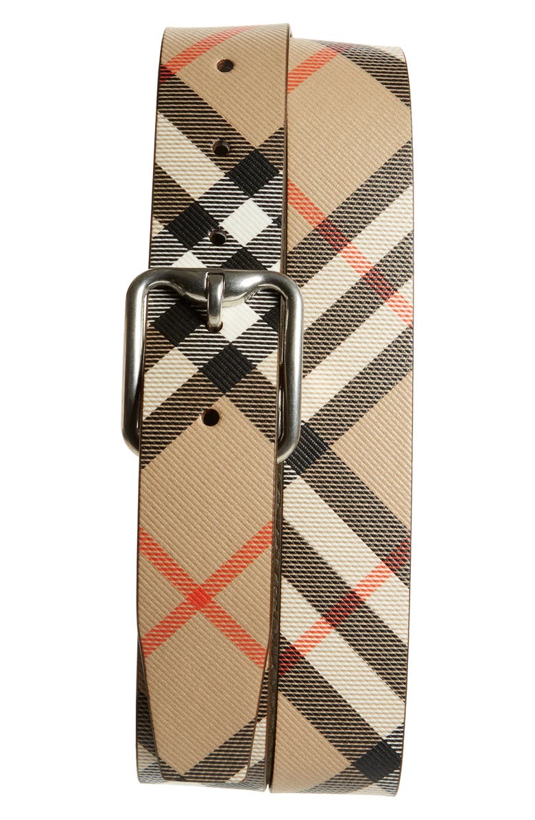 Burberry Check Reversible Belt, Main, color, Sand/ Military/ Silver