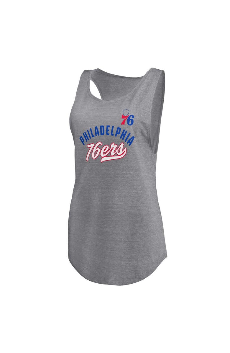 FANATICS Women's Fanatics Heathered Gray Philadelphia 76ers Quality Time Open Scoop Neck Tri-Blend Tank Top, Alternate, color, Heather Gray