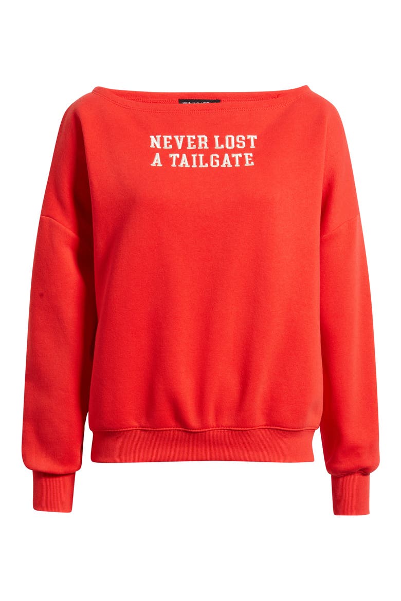 Tailgate Off the Shoulder Embroidered Sweatshirt, Alternate, color, RED