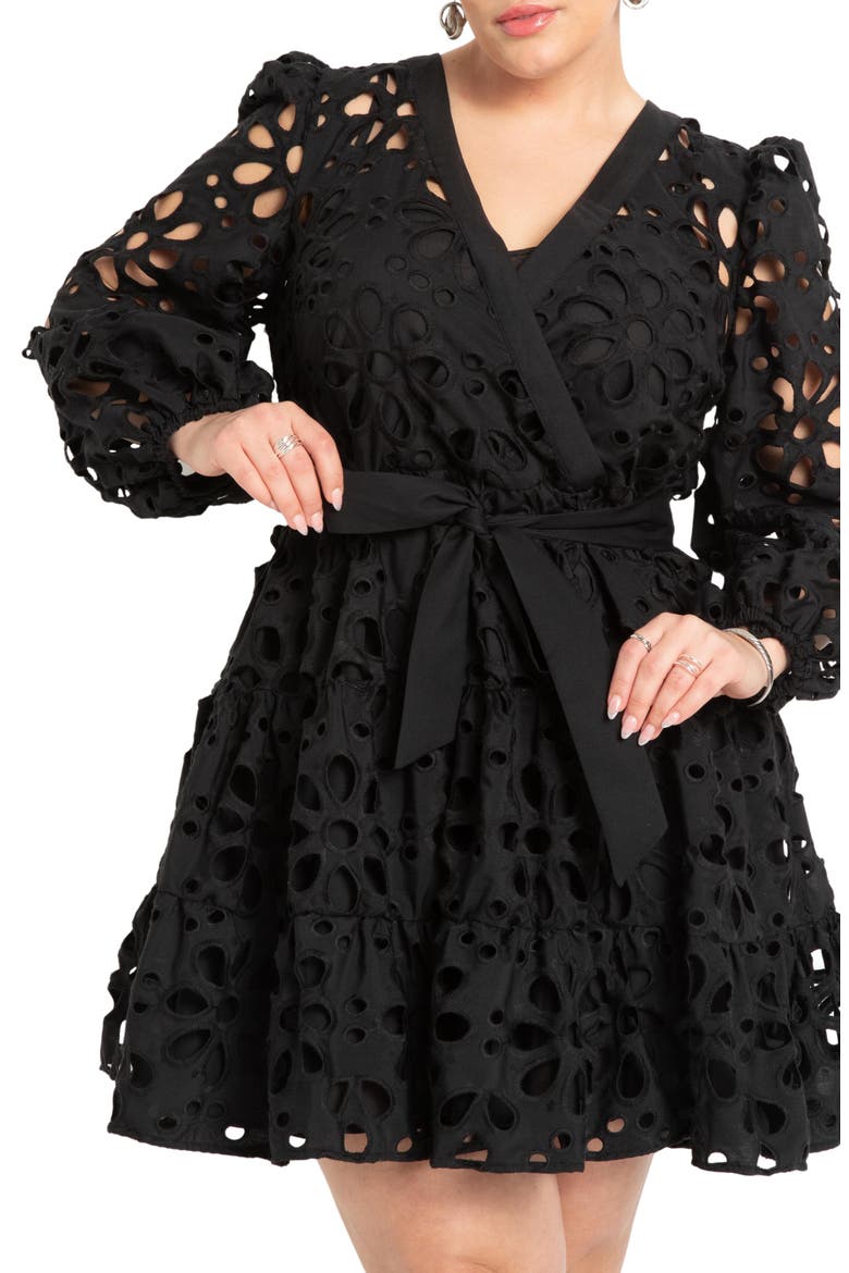 Tiered Eyelet Mini Dress, Alternate, color, BLACK