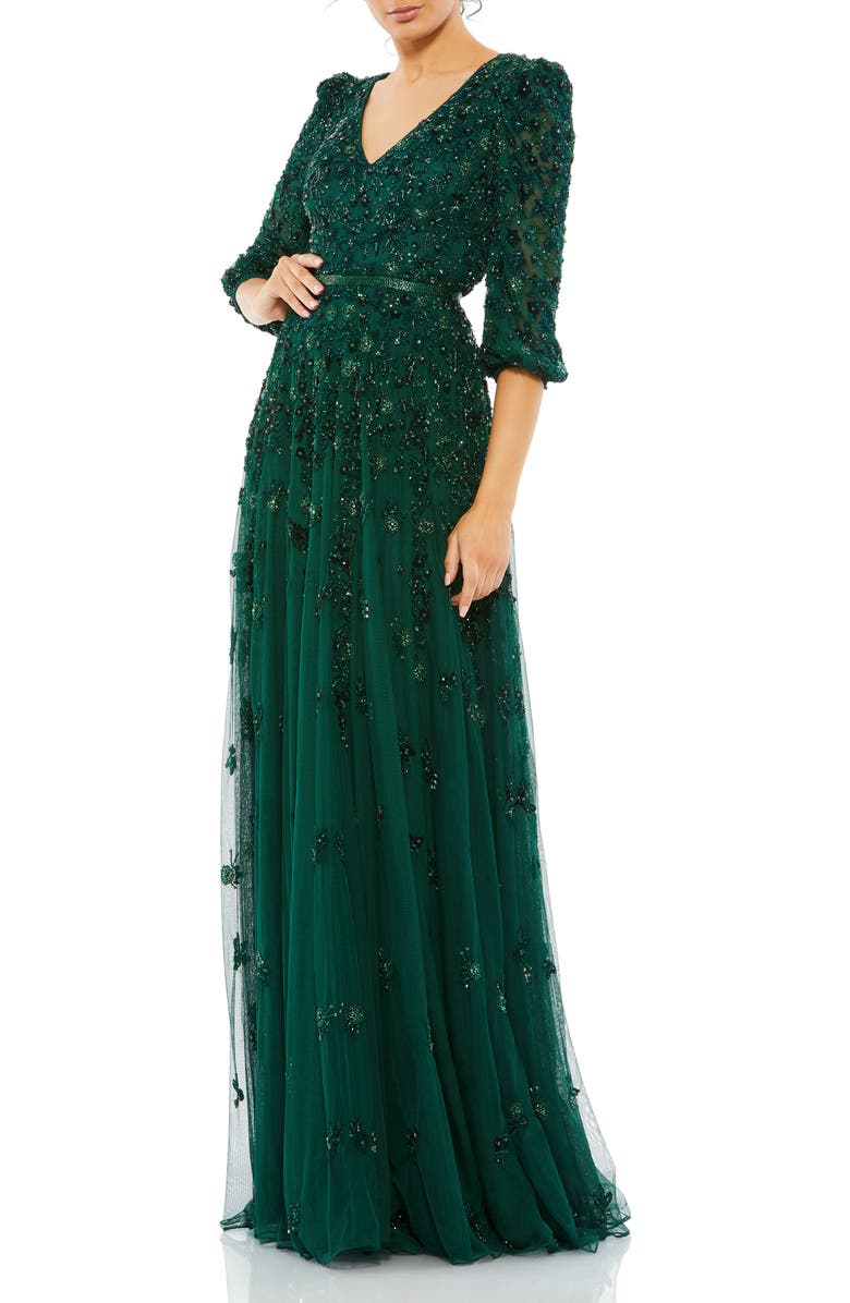 Mac Duggal Embellished V Neck 3/4 Sleeve A Line Gown, Main, color, Deep Emerald
