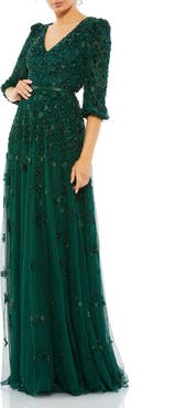 Mac Duggal Embellished V Neck 3/4 Sleeve A Line Gown