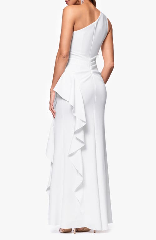 Xscape Evenings One-shoulder Ruffle Scuba Crepe Gown In Ivory