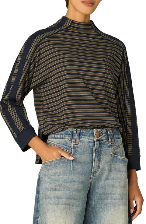 Stripe Mock Neck Rib Top (Petite0