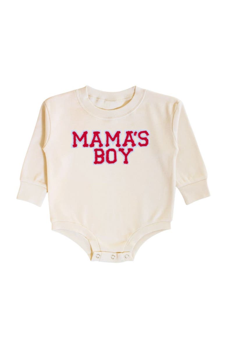 Sweet Wink Mama's Boy Patch Valentine's Day Long Sleeve Romper, Main, color, Natural