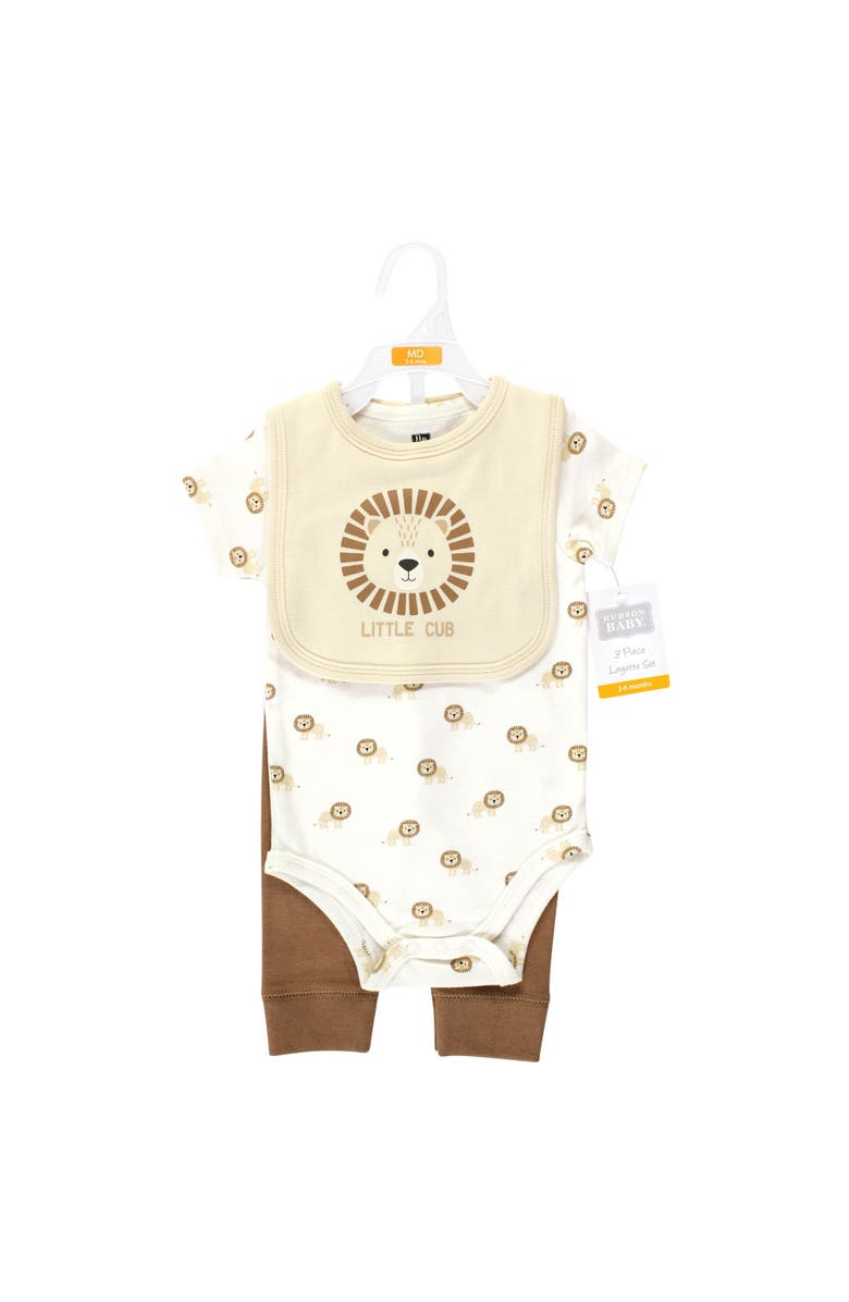 Hudson Baby Cotton Bodysuit, Pant and Bib Set, Alternate, color, Brave Lion