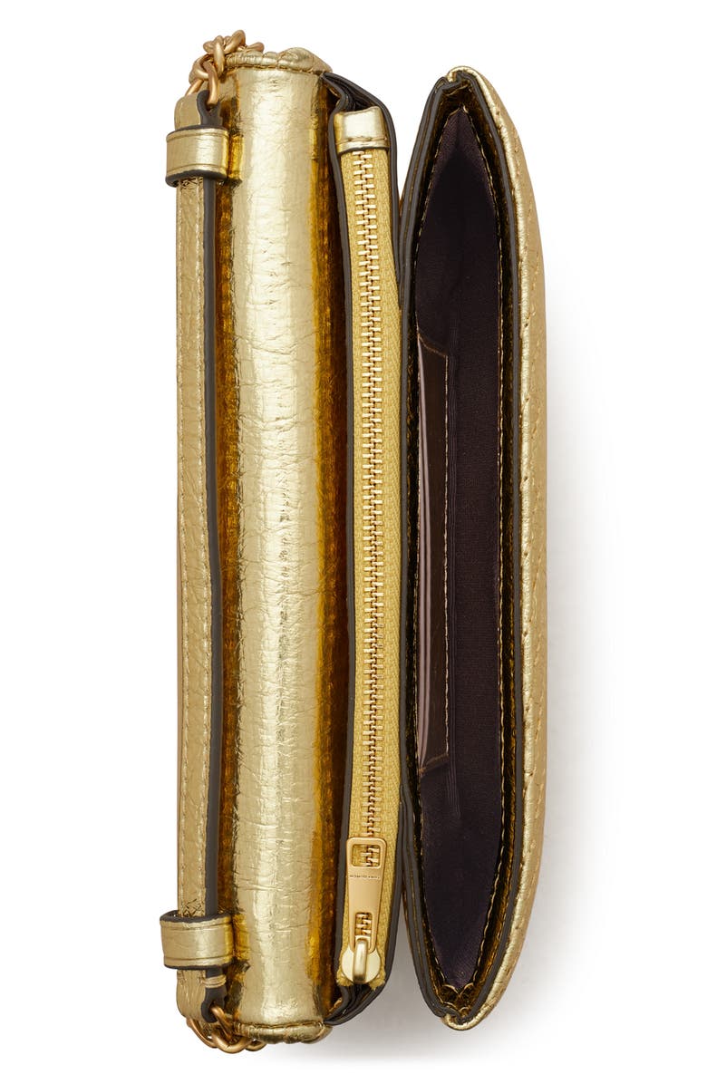 Tory Burch Kira Quilted Metallic Leather Wallet on a Chain, Alternate, color, Gold