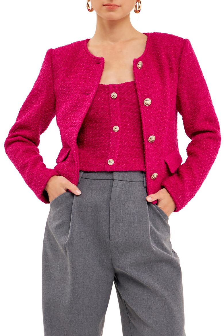 Round Neck Bouclé Crop Jacket, Main, color, BERRY