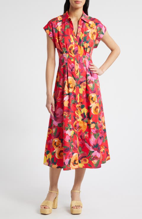 Floral Stretch Cotton Midi Shirtdress