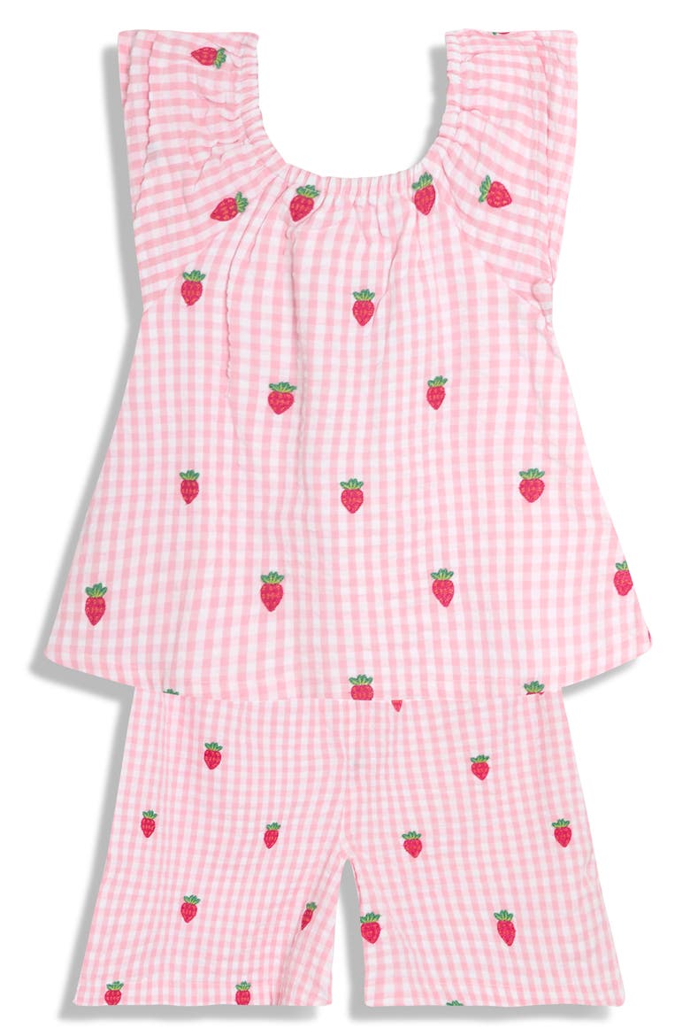 Gingham Check Strawberry Embroidered Cotton Seersucker Top & Shorts Set, Main, color, PINK