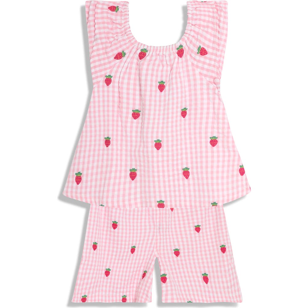JOJO MAMAN BÉBÉ JOJO MAMAN BEBE GINGHAM CHECK STRAWBERRY EMBROIDERED COTTON SEERSUCKER TOP & SHORTS SET