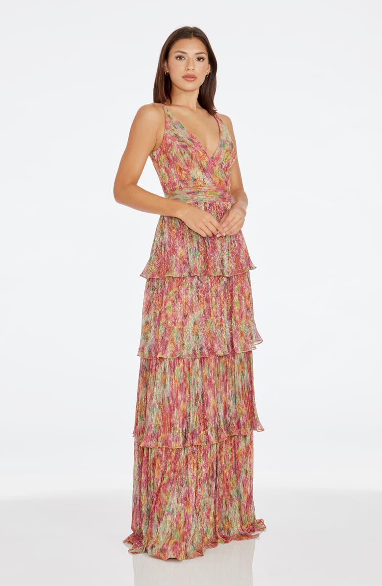 Dress the Population Lorain Abstract Print Metallic Tiered Gown, Alternate, color, Bright Fuchsia Multi
