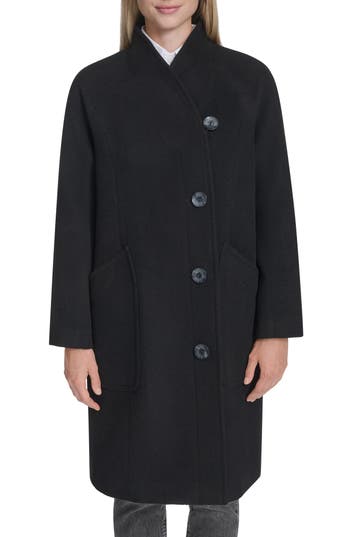 Cole Haan Asymmetric Wool Blend Coat In Black