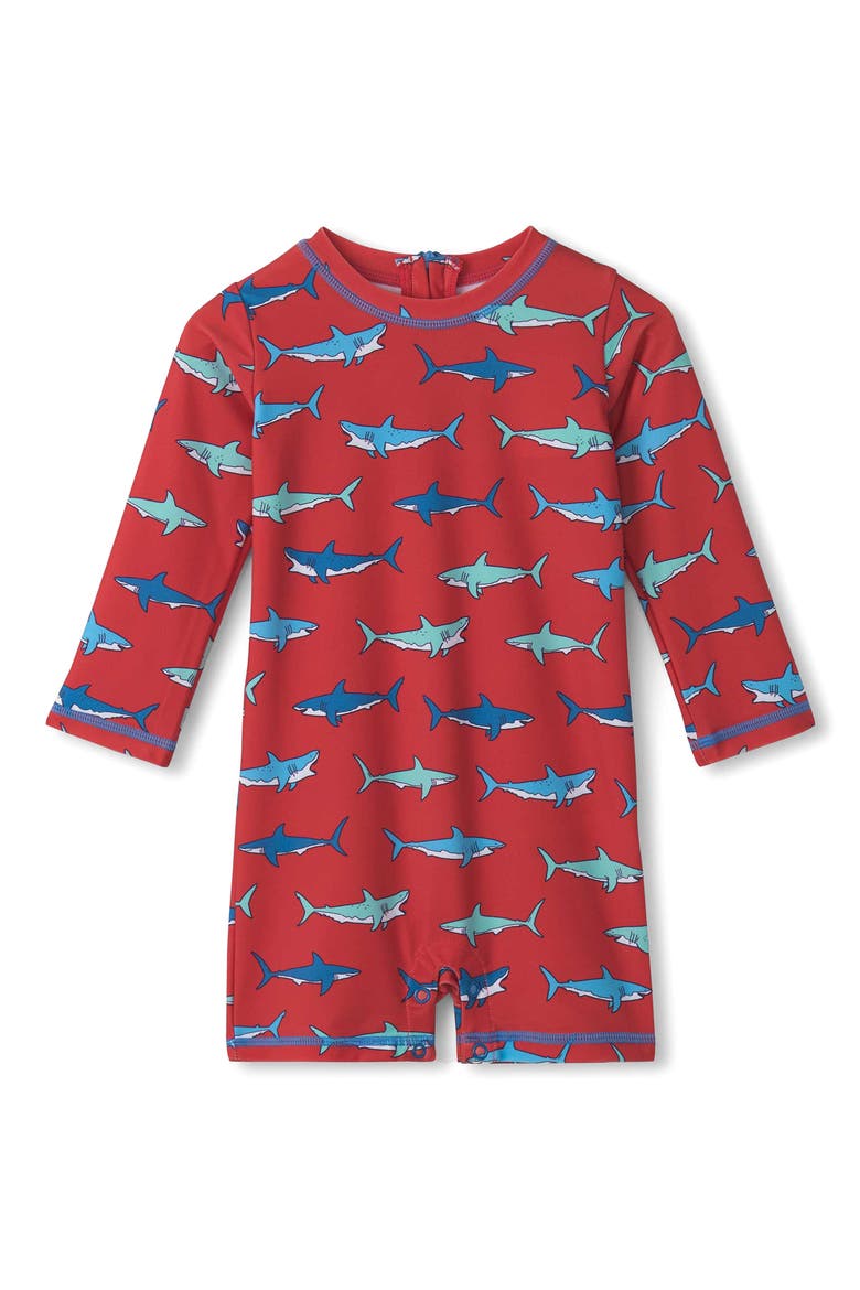 Hungry Sharks Long Sleeve One-Piece Rashguard Swimsuit, Main, color, CHRYSANTHEMUM