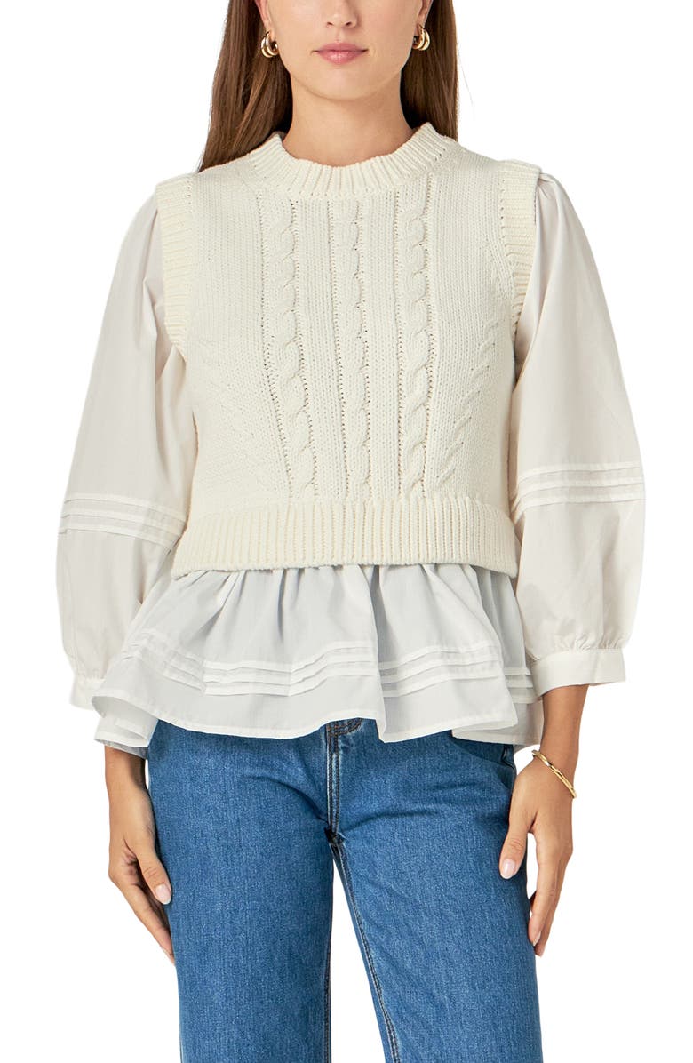 English Factory Mixed Media Layered Top, Alternate, color, Off White