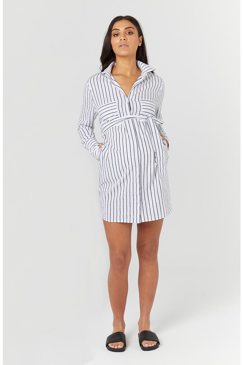 NY Long Sleeve Stripe Maternity/Nursing Shirtdress, Alternate, color, WHITE/ NAVY STRIPE