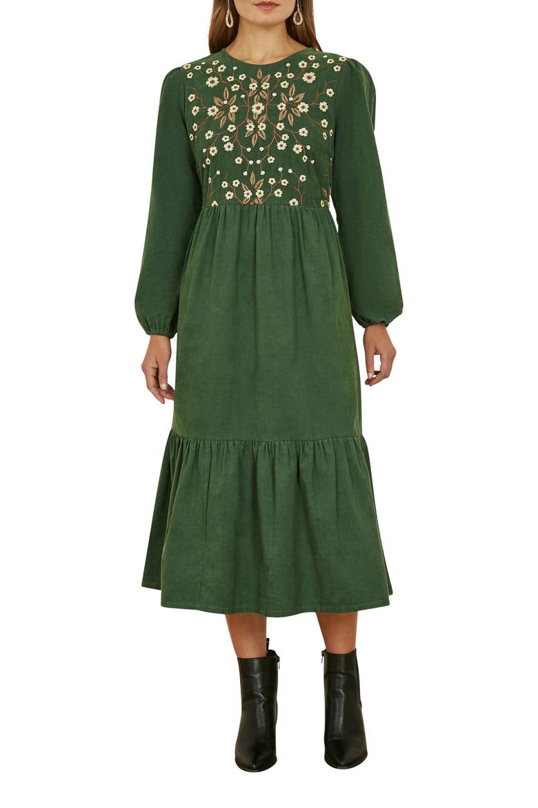 Long Sleeve Embroidered Midi Dress, Alternate, color, Green