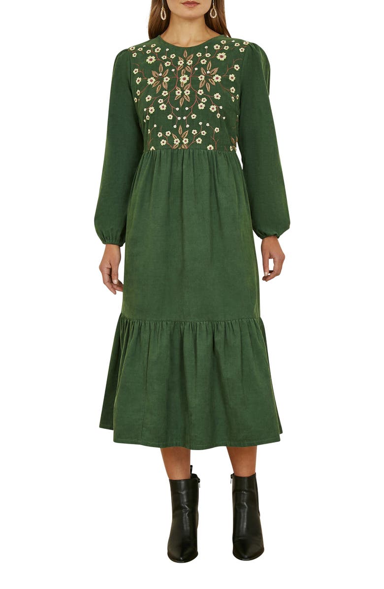 Yumi Long Sleeve Embroidered Midi Dress, Alternate, color, Green
