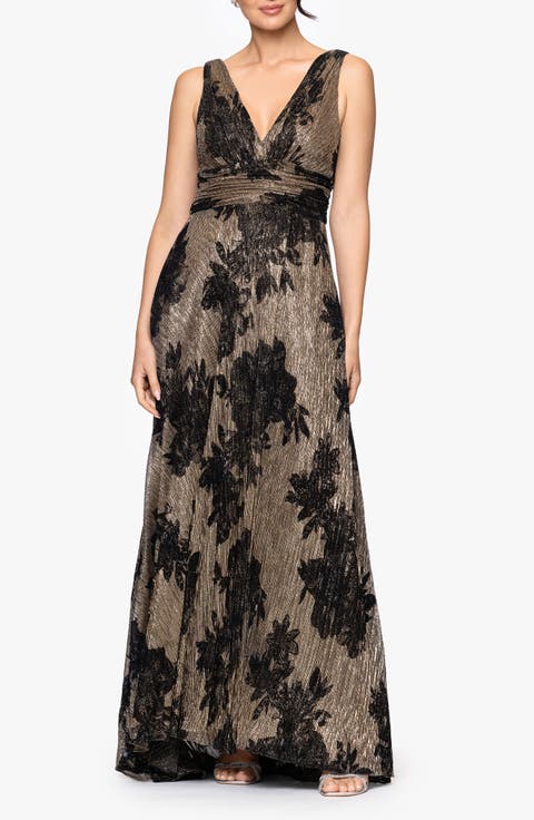 Flock Floral Metallic Crinkle Gown