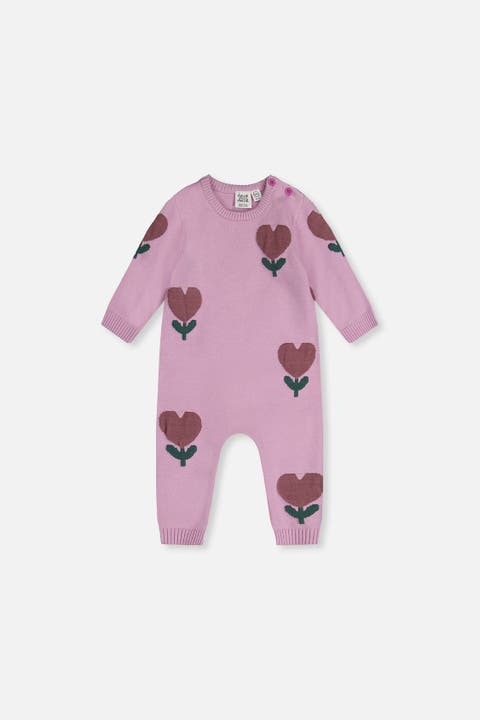 Knitted Intarsia Heart Flower Button Romper