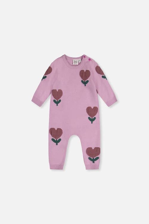 Deux Par Deux Babies'  Knitted Intarsia Heart Flower Button Romper In Lilac