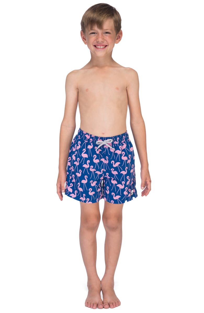 Tom & Teddy Kids' Flamingo Print Swim Trunks, Alternate, color, Rose Blue