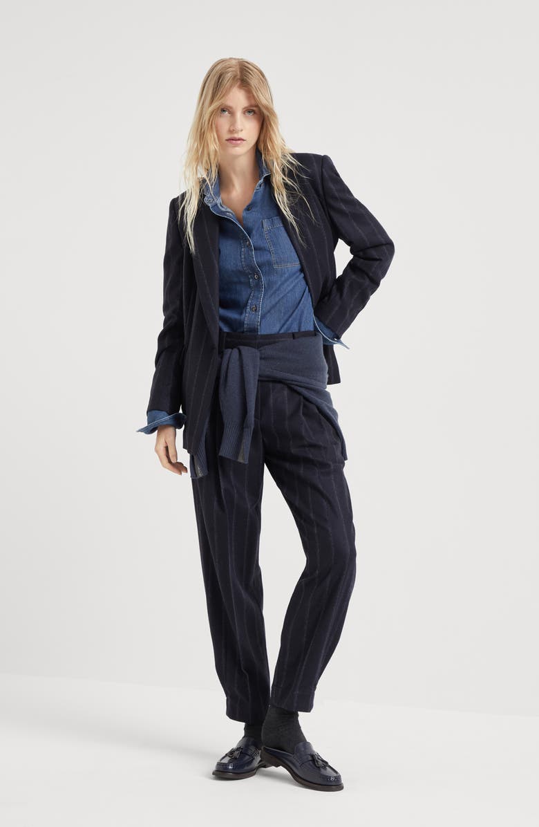 Brunello Cucinelli Techno virgin wool striped flannel sartorial baggy trousers, Alternate, color, 