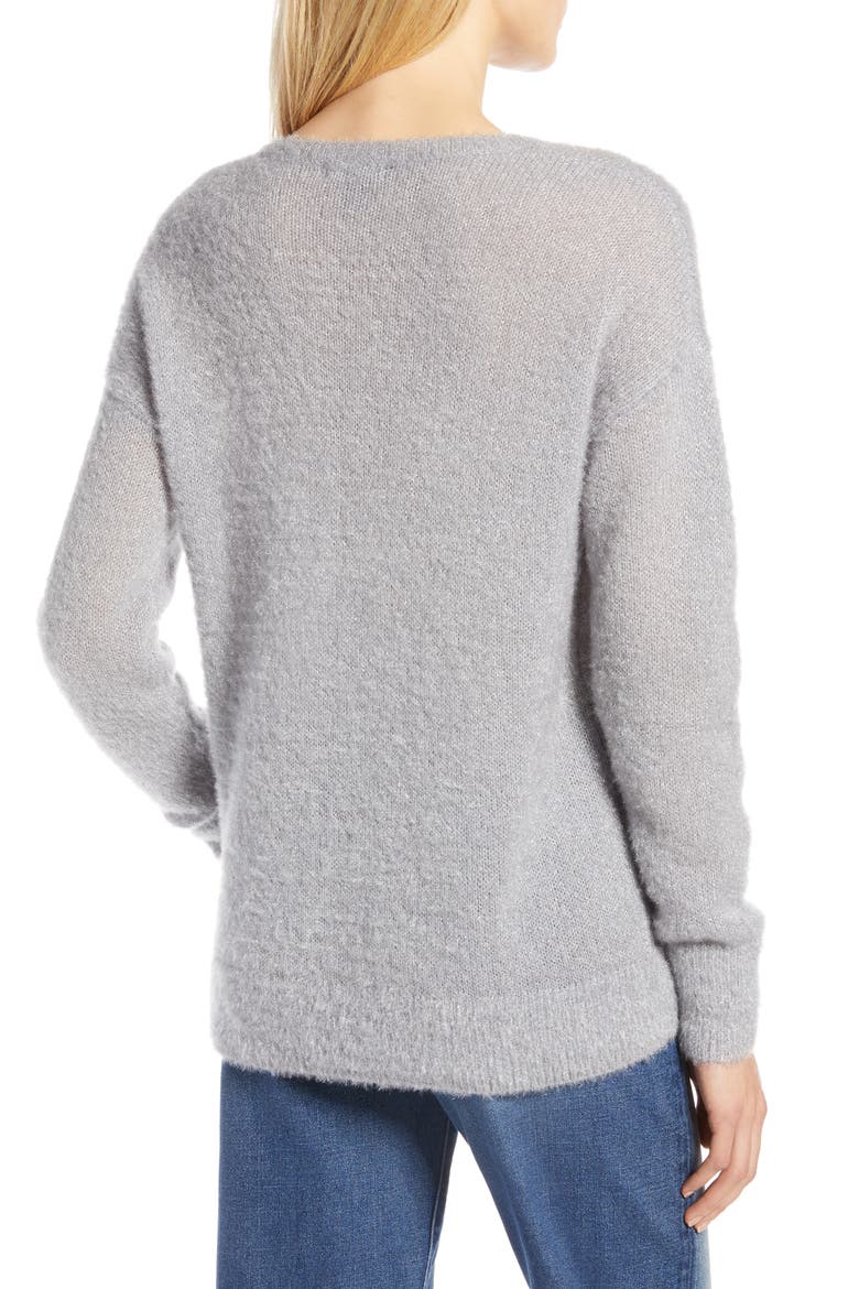 Fuzzy V-Neck Sweater, Alternate, color, GREY SCONCE