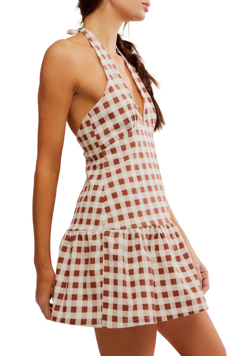 Free People Cecil Flounce Hem Cotton Blend Halter Minidress, Alternate, color, Brown Patina Combo