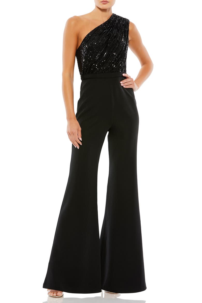 Sequined One Shoulder Jumpsuit, Main, color, BLACK