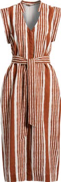 Cleobella Lani Stripe Tie Waist Cotton & Linen Midi Dress