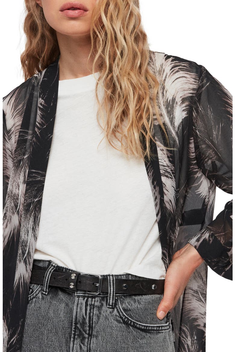 Carine Feather Print Duster, Alternate, color, BLACK