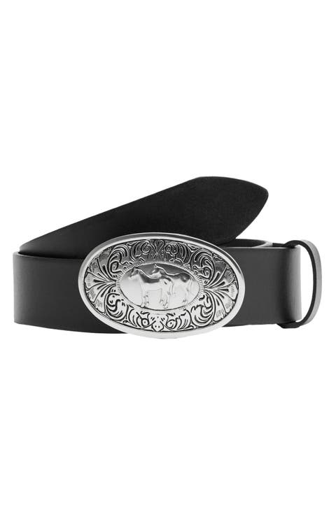 Engraved Buckle Leather Belt