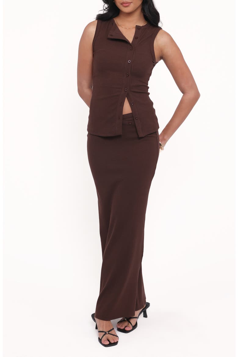 Adeline Buttoned Cotton Top & Maxi Skirt Set, Main, color, CHOCOLATE