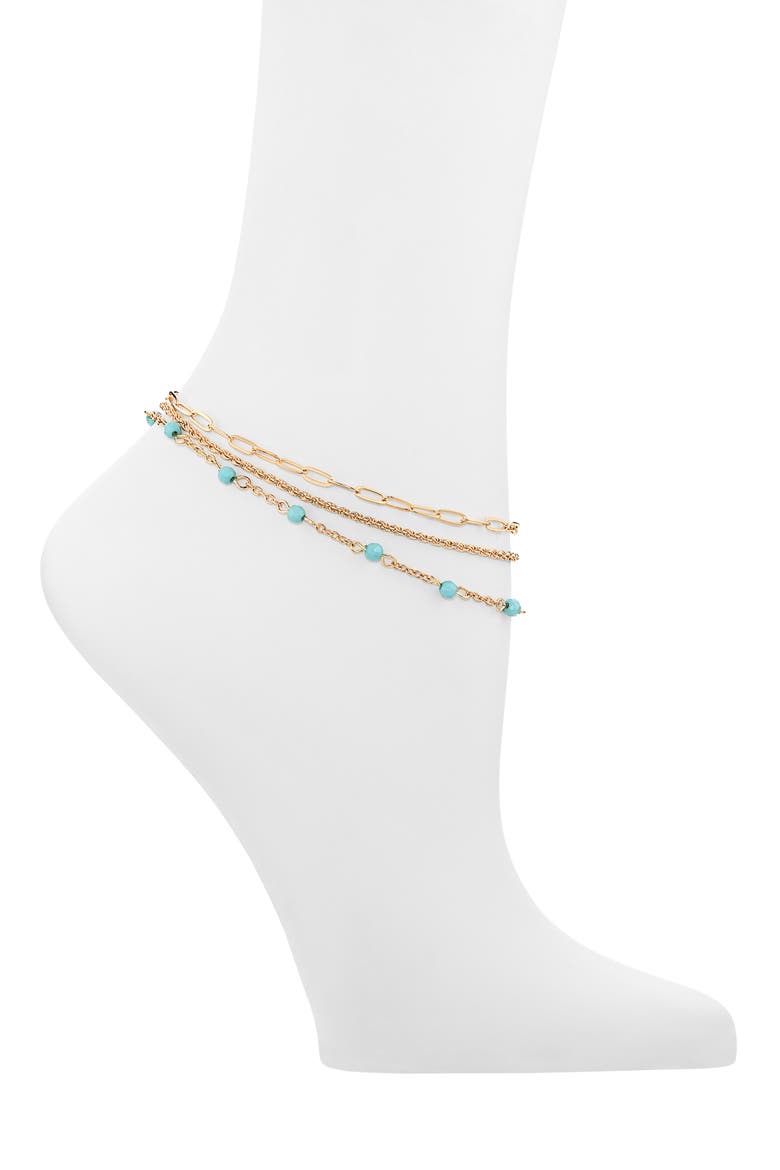 Set of 3 Assorted Station Bead & Chain Anklets, Main, color, GOLD- TURQUOISE