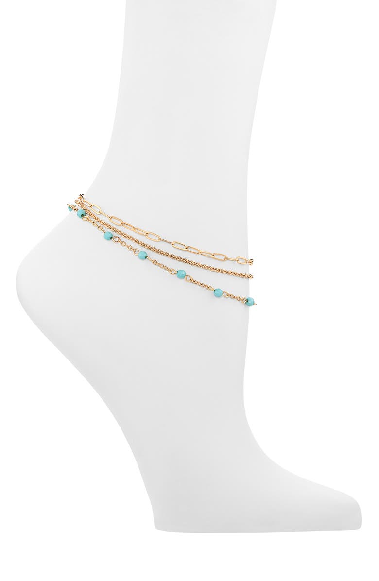 BP. Set of 3 Assorted Station Bead & Chain Anklets, Main, color, Gold- Turquoise