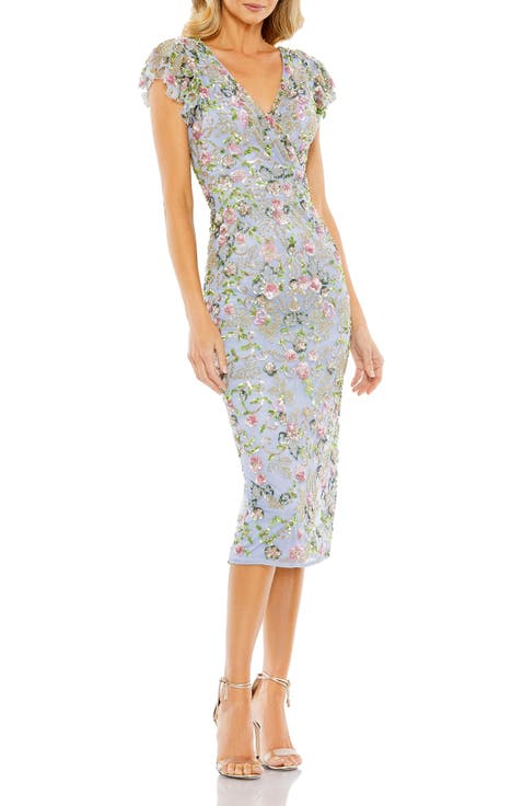 Women's Floral Embellished Flutter Cap Sleeve Dress