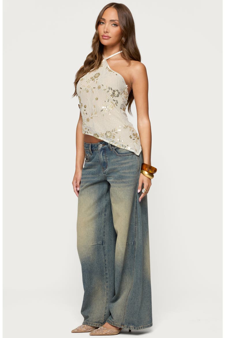 Beaded Sequin Asymmetric Halter Top, Alternate, color, BEIGE