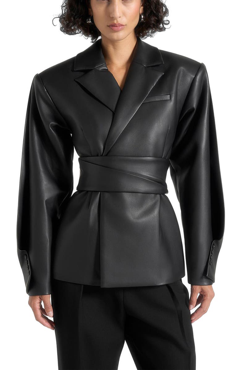 Manière De Voir Marie Twist Sleeve Leather Blazer with Belt, Main, color, Black