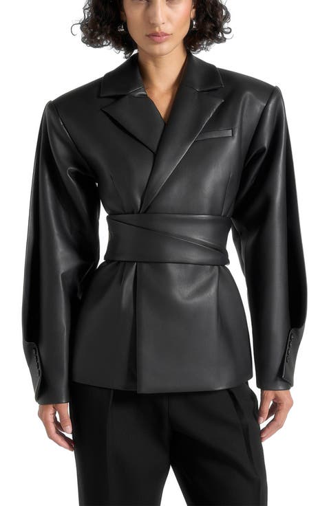 Marie Twist Sleeve Leather Blazer with Belt