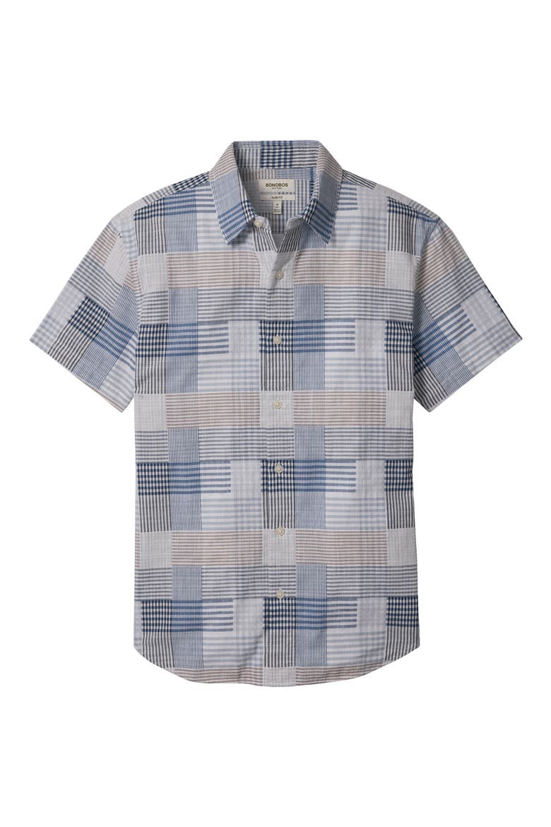 Riviera Slim Fit Patchwork Short Sleeve Cotton Button-Up Shirt, Alternate, color, BLUE STRIPE PATCHWORK