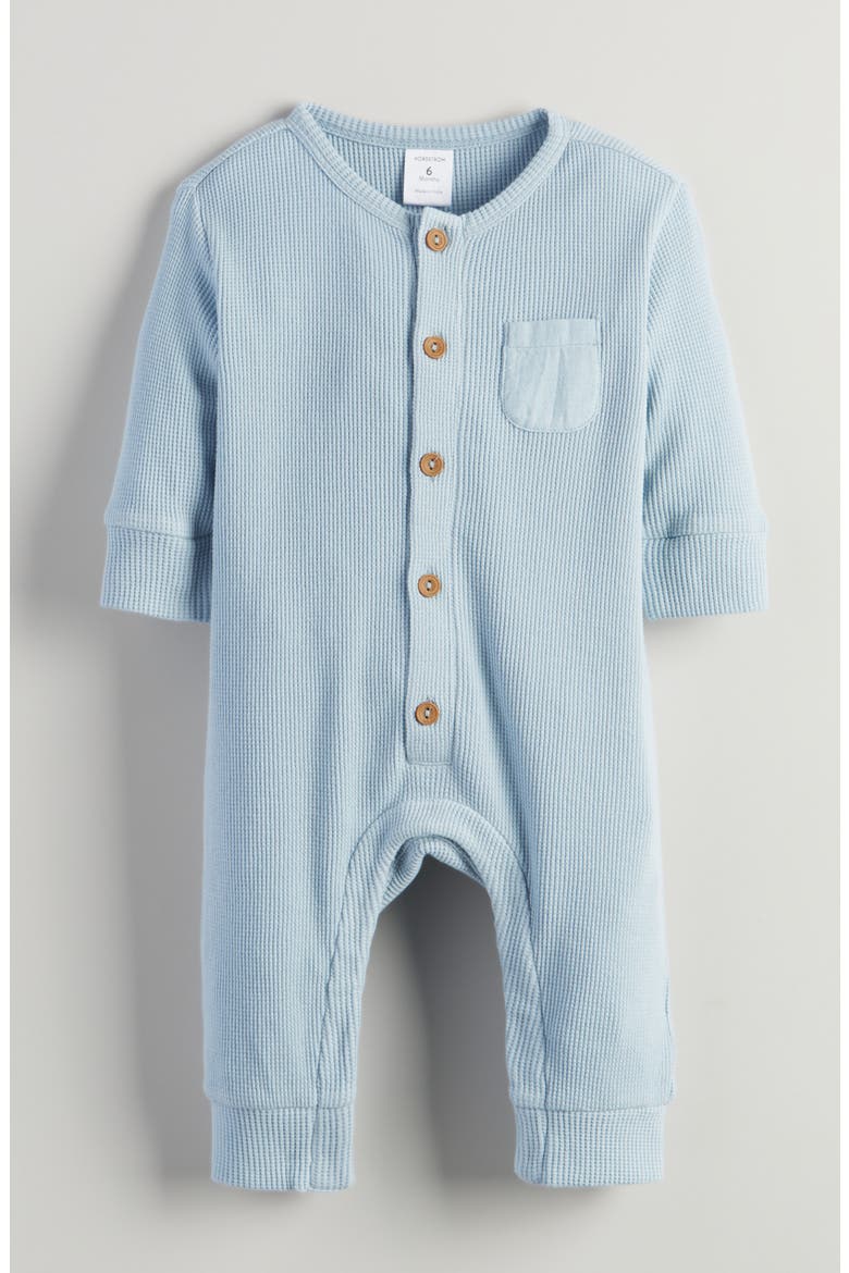 Waffle Knit Cotton Romper, Main, color, BLUE FOG