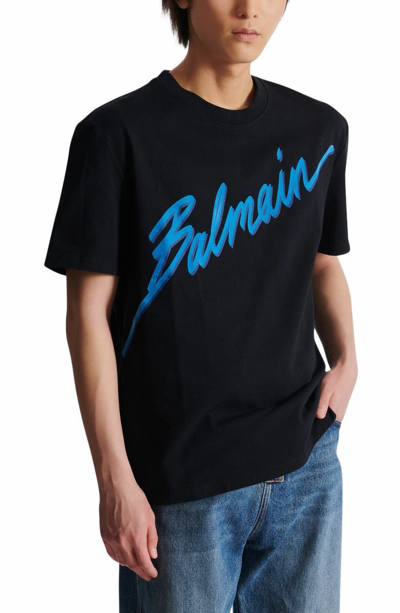 Balmain Lettre Flocked T-Shirt, Alternate, color, Blue