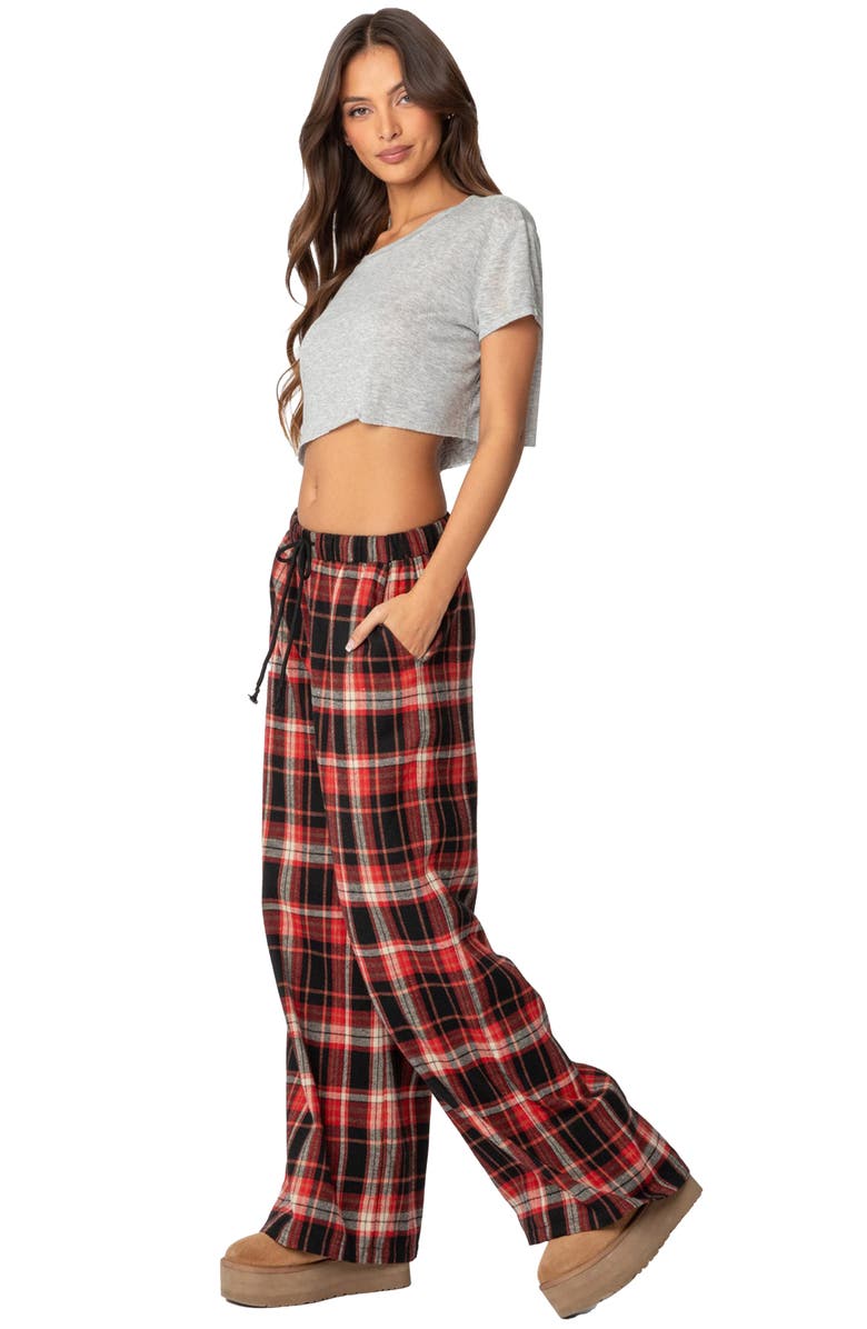 EDIKTED Lounge Around Plaid Wide Leg Pants, Alternate, color, Red