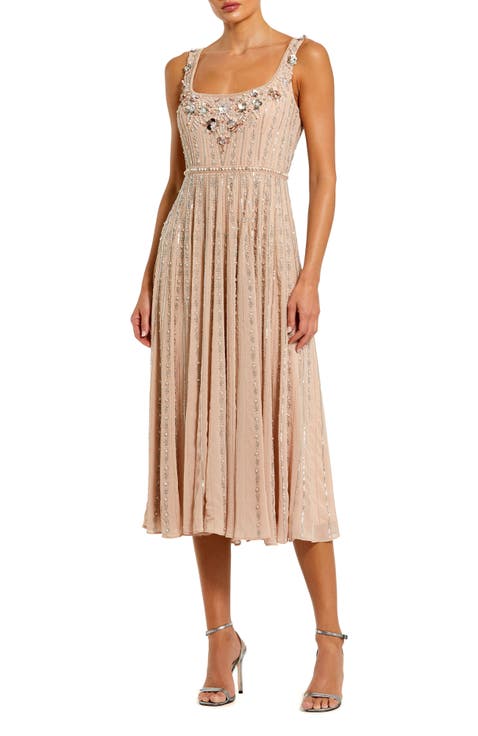 Sleeveless Scoop Neck Beaded Georgette Midi Dress