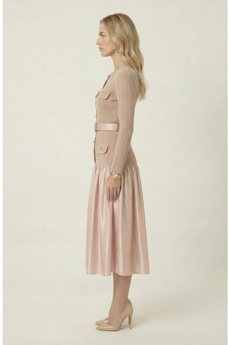 Ribbed Knit and Satin Midi Dress, Alternate, color, Blush Pink