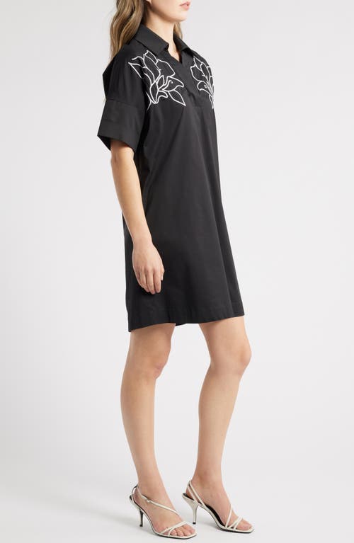 Shop Ming Wang Embroidered Cotton Blend Shirtdress In Black/white