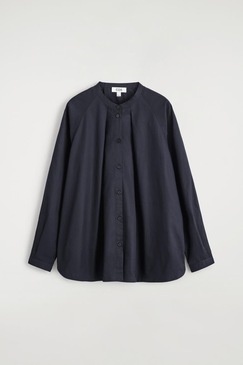 Grandad-Collar Cotton Shirt, Alternate, color, NAVY