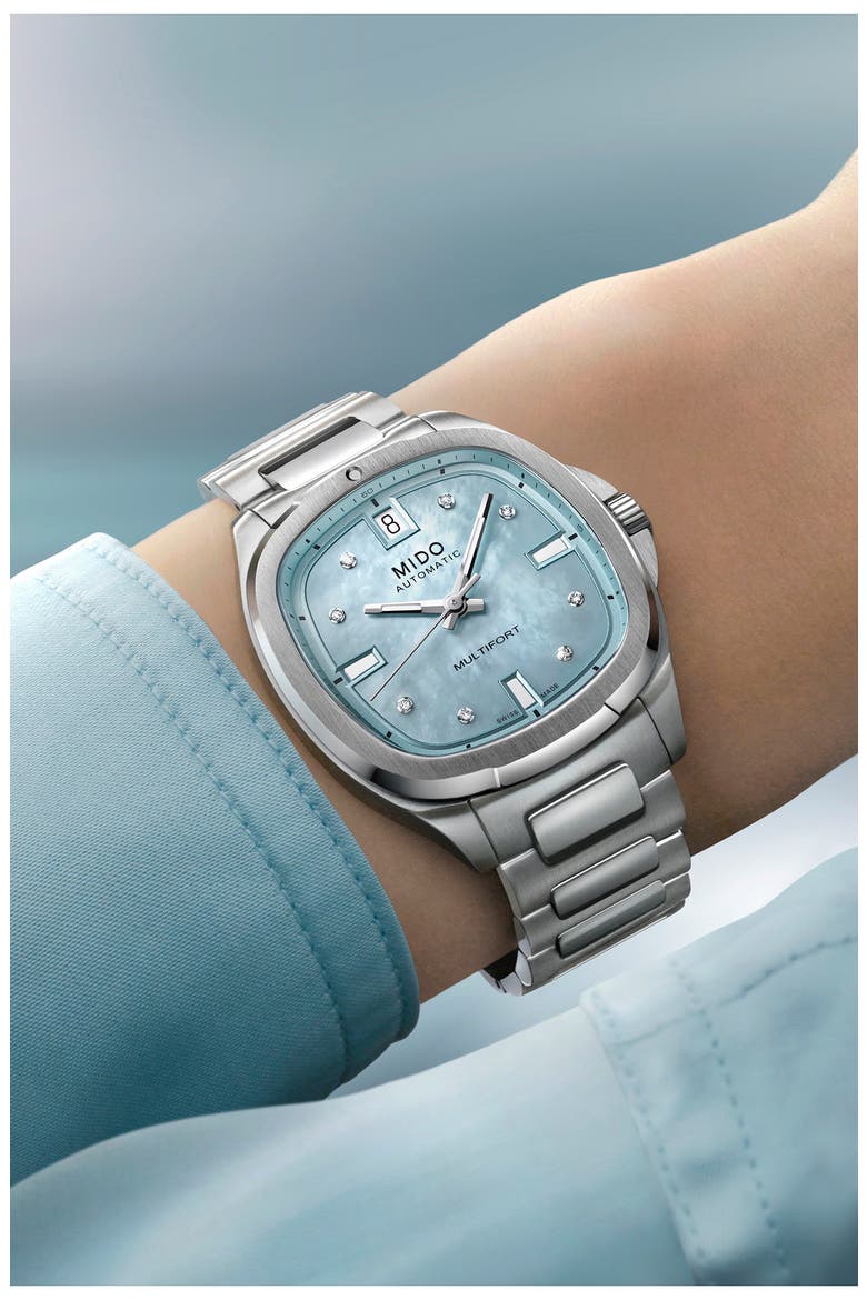 Multifort Diamond Square Automatic Bracelet Watch, 35mm, Alternate, color, BLUE MOTHER OF PEARL