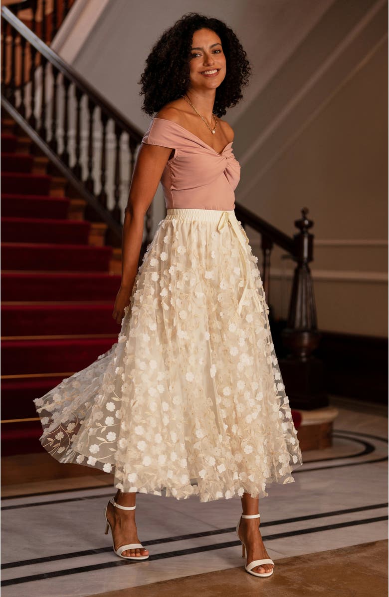 Yumi Mesh Floral Applique Midi Skirt, Alternate, color, Ivory